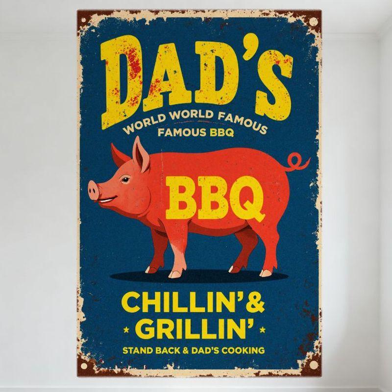 Vintage Dad s World Famous BBQ Metal Tin Sign - Chillin  & Grillin  Red Pig Design, Weathered Rusty Edges, Retro Home Decor for 20x30cm（7.8x11.8inch）