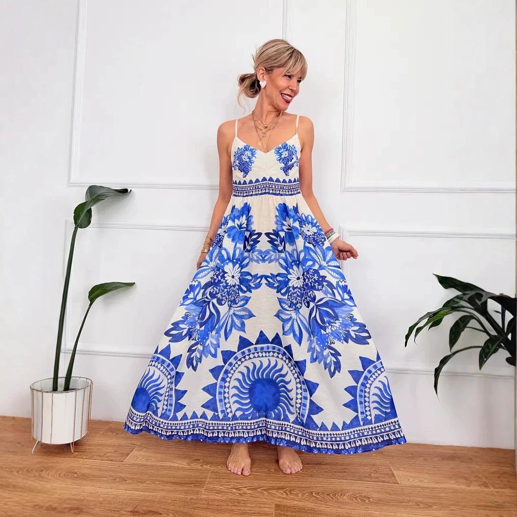 2026 European and American new dresses, positioning printing V-neck temperament A pendulum suspender dress women