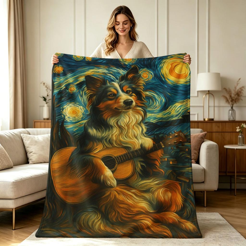 All Season Flannel Fleece Blanket with Starry Night Style Dog Playing Guitar Print Soft Warm Cozy Lightweight Throw Blanket for Couch Sofa Bed Living