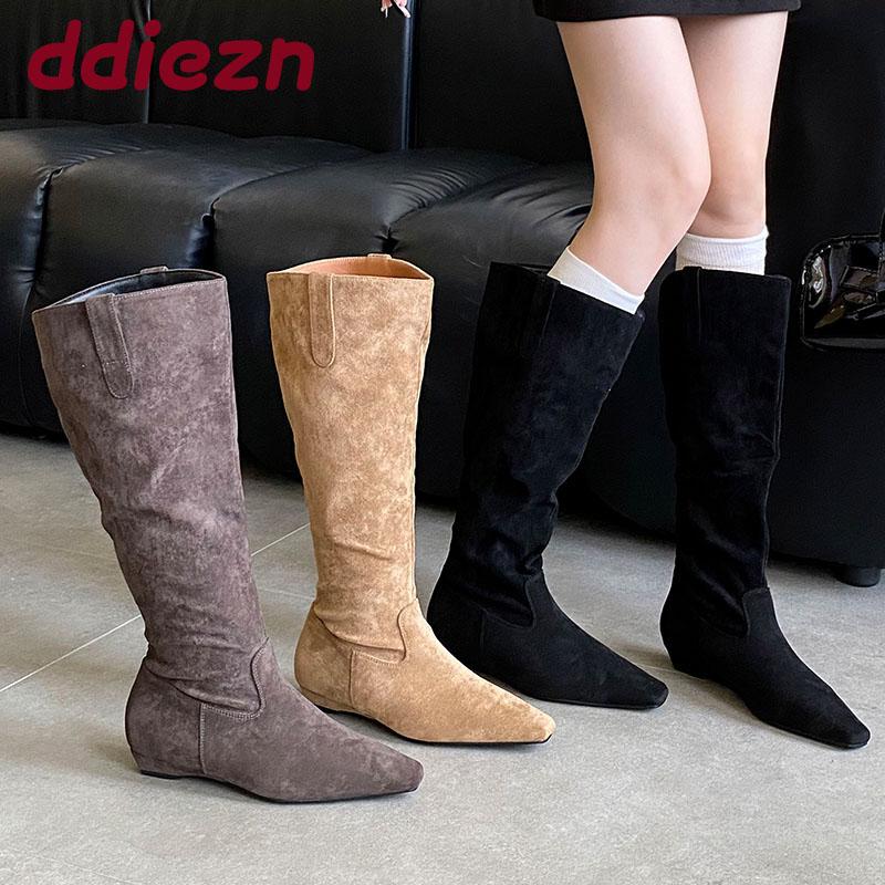 Fashion Fashion Flock Women Knee High Boots Heels Shoes With Height Increasing Ladies Long Modern Boots Female Slip On Shoes