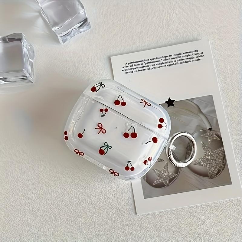 Cute Cherry Bow Pattern Suitable for Airpods 3 2 1 Pro 2 4 Pro3 Transparent Headphone Protective Case with Silver Ring Buckle