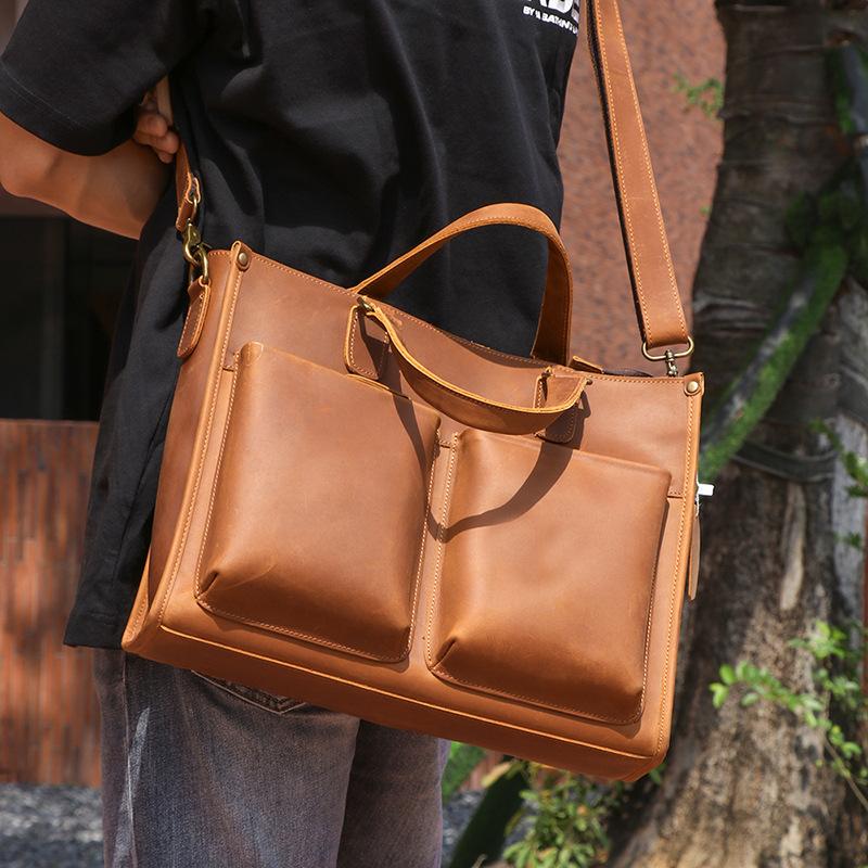 Retro Fashion Men'S Genuine Leather Laptop Bag Crazy Horse Leather Handmade Shoulder Oblique Span Bag Large Capacity Briefcase