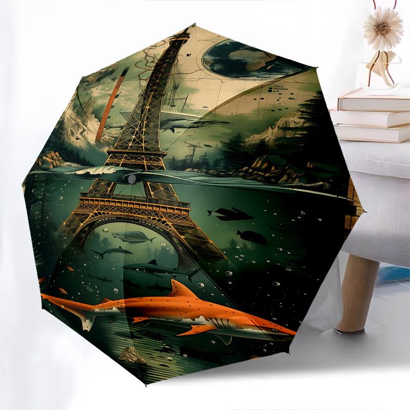 Eiffel Tower, Underwater Themed Automatic Opening and Closing Umbrella, Brightly Colored 8-rib Portable Umbrella, Suitable for Men and Women