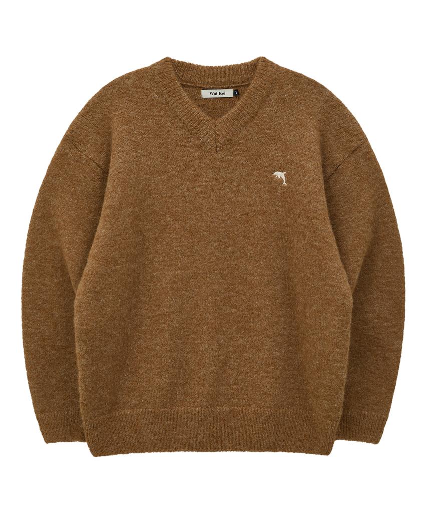 WAIKEI Dolphin Hairy V-Neck Knit Beige