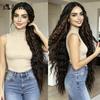 Noble 42 Inch Extra Long Water Wave Synthetic Lace Front Wig Ombre Brown Highlight Glueless Heat Resistant Curly Wig For Women