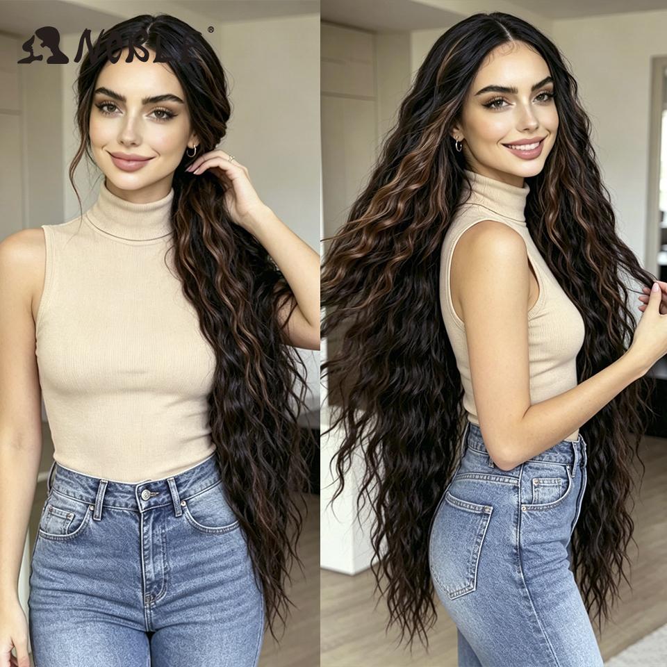 Noble 42 Inch Extra Long Water Wave Synthetic Lace Front Wig Ombre Brown Highlight Glueless Heat Resistant Curly Wig For Women