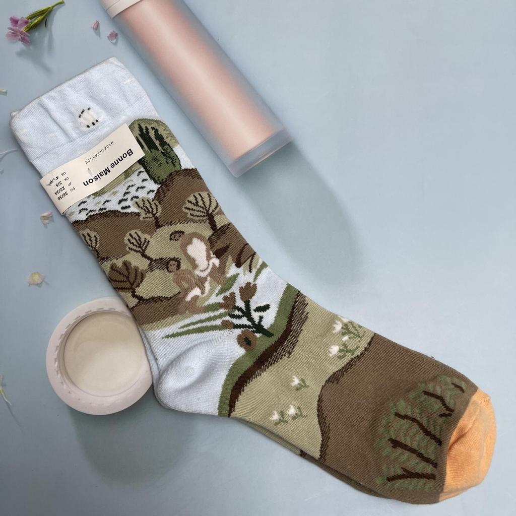 Bonne Maison: Retro-Ölgemälde-Socken für Damen, mittelhoch, luxuriös, französisch, bis zur Wade