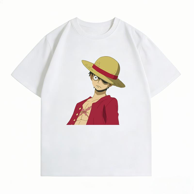 Bandai One Piece Monkey D Luffy Side Face Print Tshirt Casual Short Sleeve Cotton Anime Streetwear Unisexs Tshirt