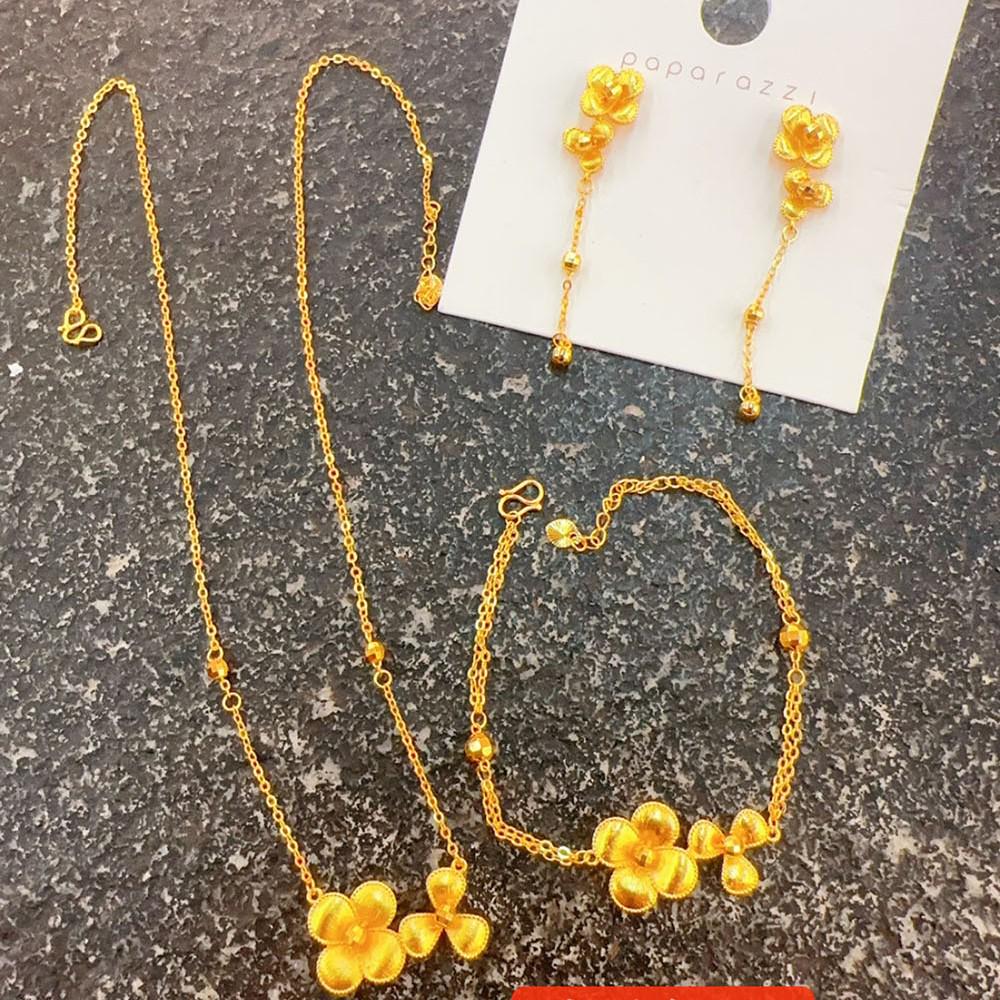 Вьетнамский набор колье золотого тона: Модный цветочный браслет, серьги-гвоздики, кулон с имитацией шелка и золота Floral Stud Earrings