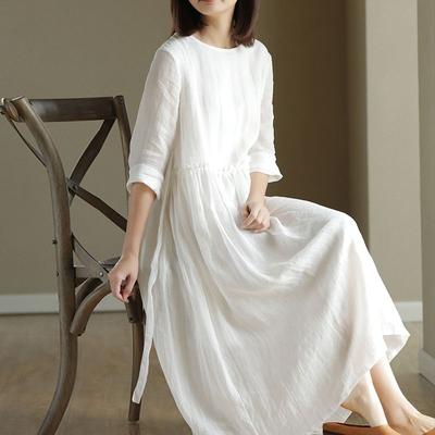 Summer Casual Dress High-Waist Slimming Literary Loose Round Neck Solid Color Long Skirt