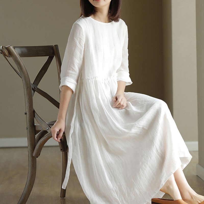Summer Casual Dress High-Waist Slimming Literary Loose Round Neck Solid Color Long Skirt