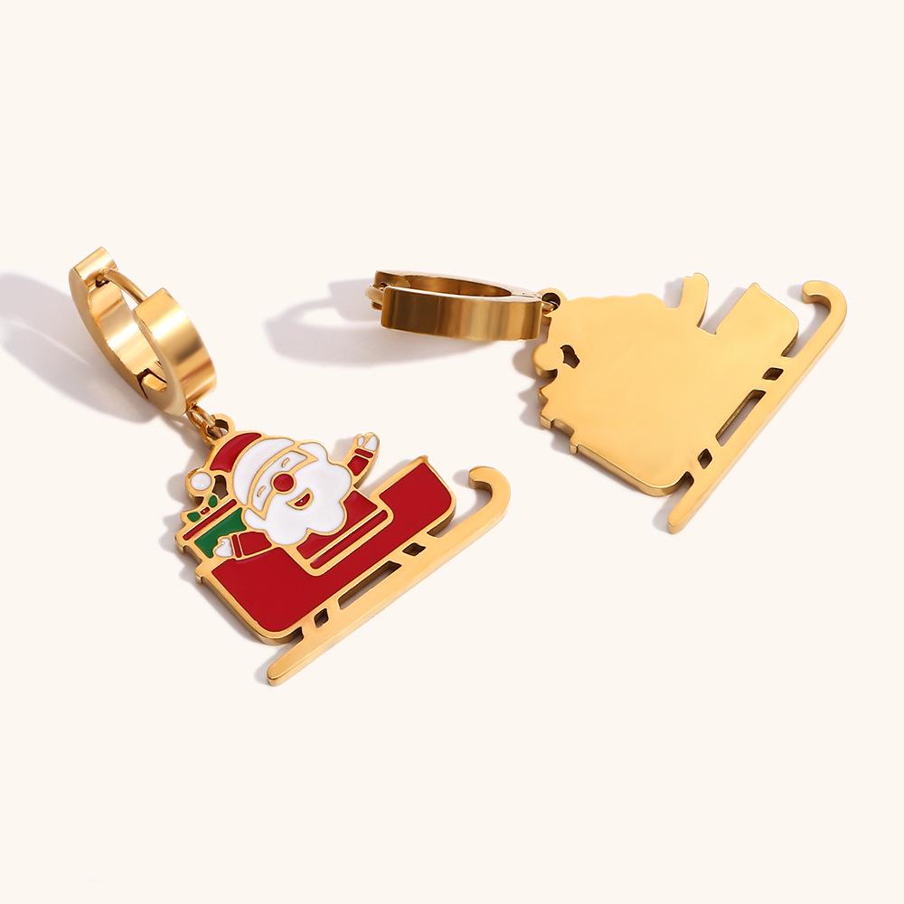 Santa Claus Drip Oil Earrings: 18K Gold-Plated Stainless Steel Sleigh Design
