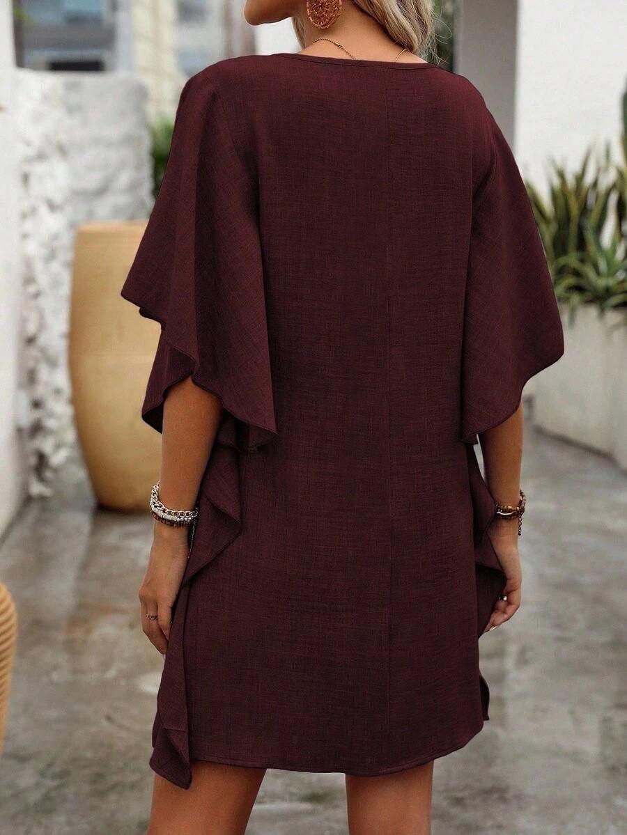 2026 Solid Color V-Neck Ruffle Sleeve Loose Casual Dress S красный