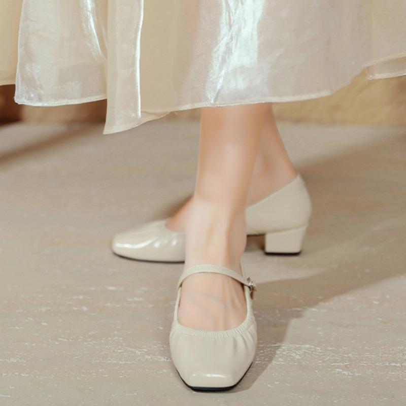 Korean Grandma Shoes Niche Wrinkled Square Toe Women's Shoes Thick Heel Mary Jane Shoes Casual Shallow Mouth Single Shoes