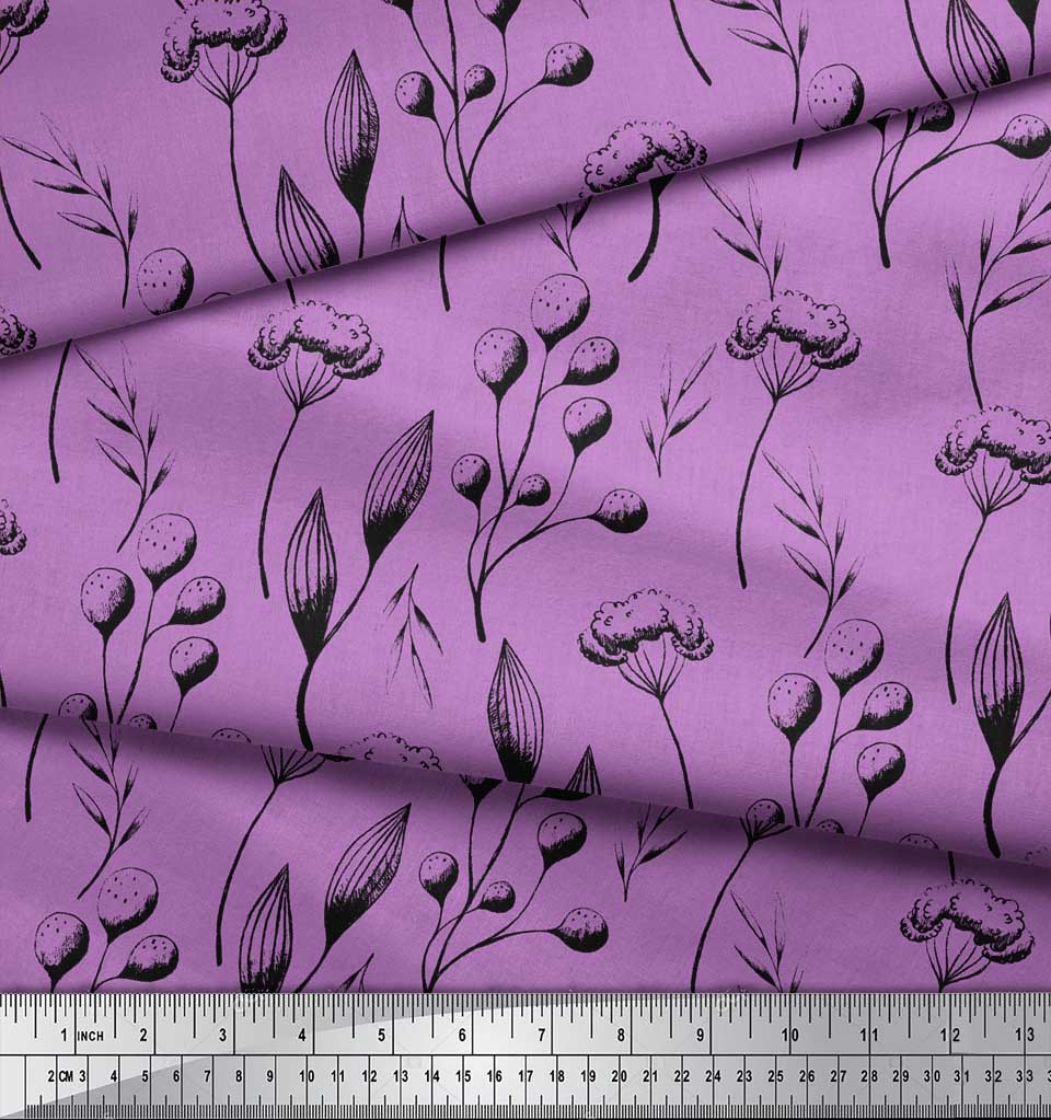 Soimoi Fioletowa tkanina poliestrowa krepowana z nadrukiem liści i kulek bawełnianych, sprzedawana na metry, szerokość 42 cale