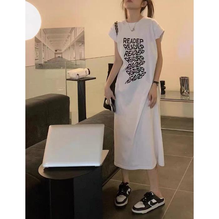 Women's Round Neck Sleeveless Midi Dress Slim Mid Waist Commute Letter Print Tank Tunic Dress