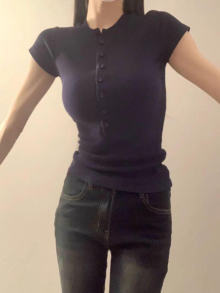 Women's Summer Shoulder Design Slim Fit Round Neck Short-Sleeved T-Shirt