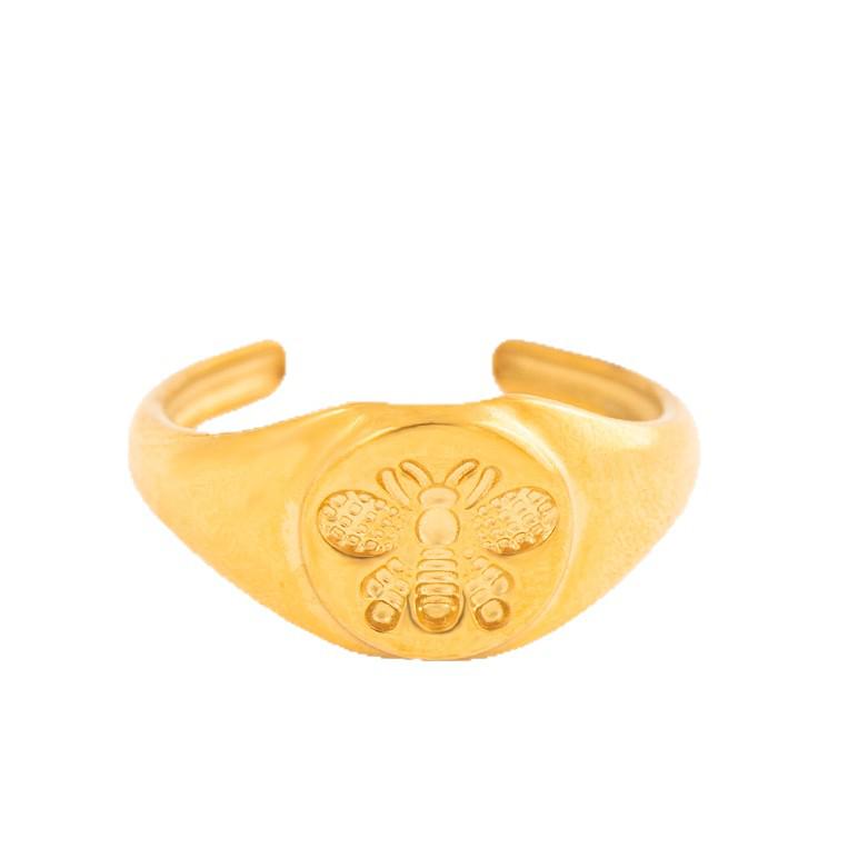 Bee Titanium Colorfast Stainless Steel Adjustable Open Ring - Plain Band Hand Jewelry with Oil Pressure Design.