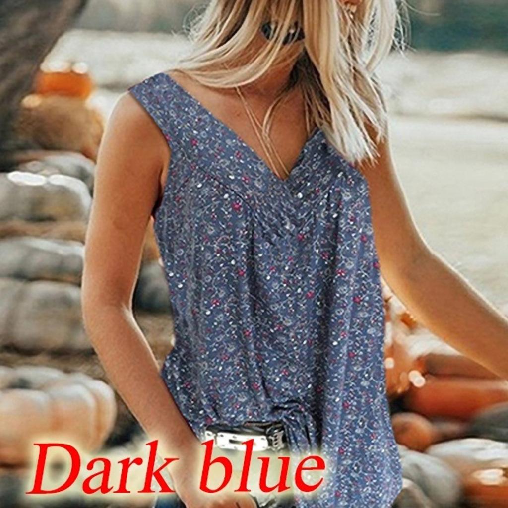 Fashion Women V Collar Printed Broken Flowers Sleeveless Leisure Time Shirt
