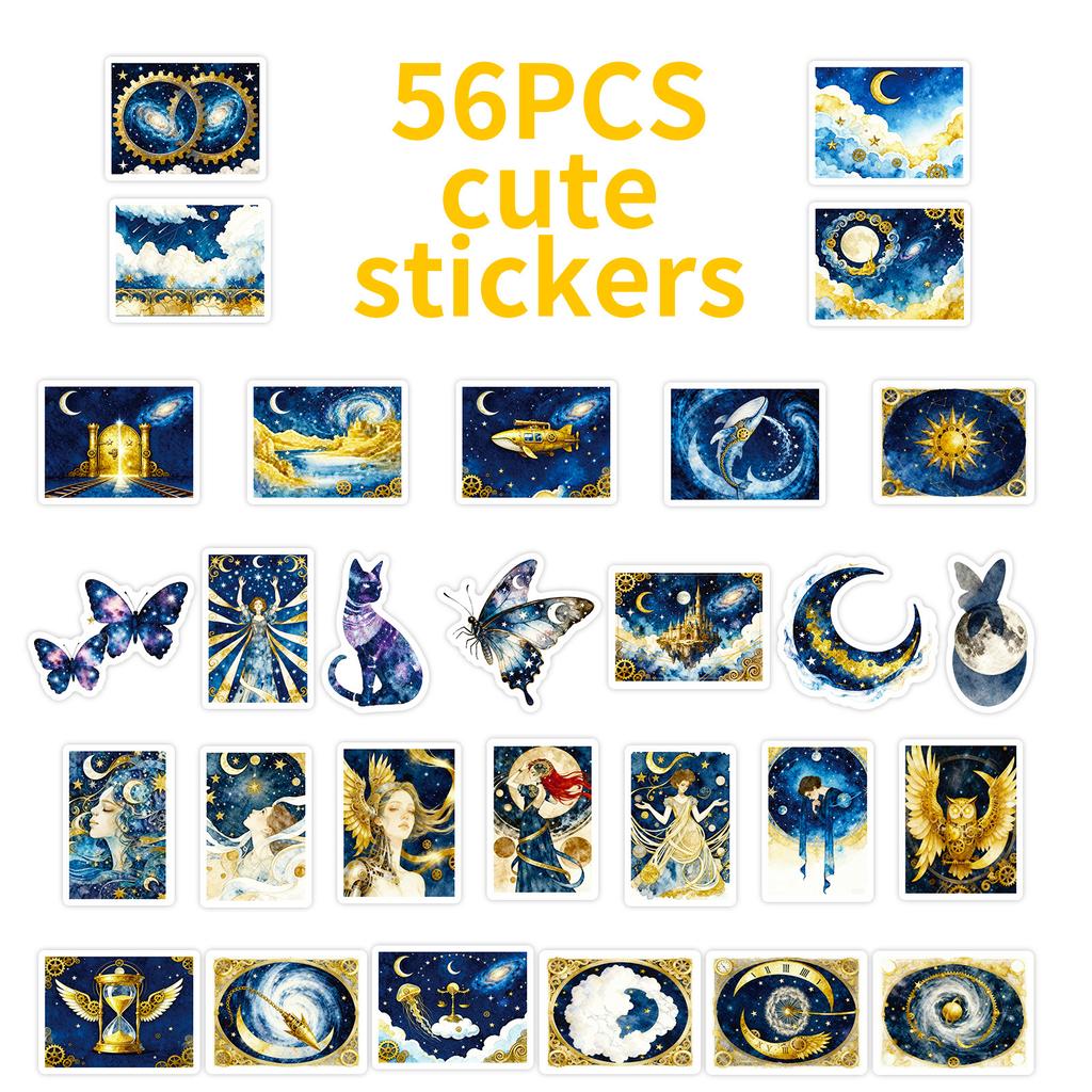 56 Fantasy Starry Sky Blue And Gold Stickers Universe Steampunk Style Creative Retro Fantasy Decorative Stickers