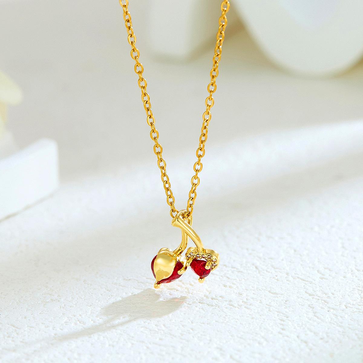 

New Sweet and Cute Dripping Oil Strawberry Cherry Titanium Steel Necklace Female Simple Versatile Fruit Series Collarbone Chain