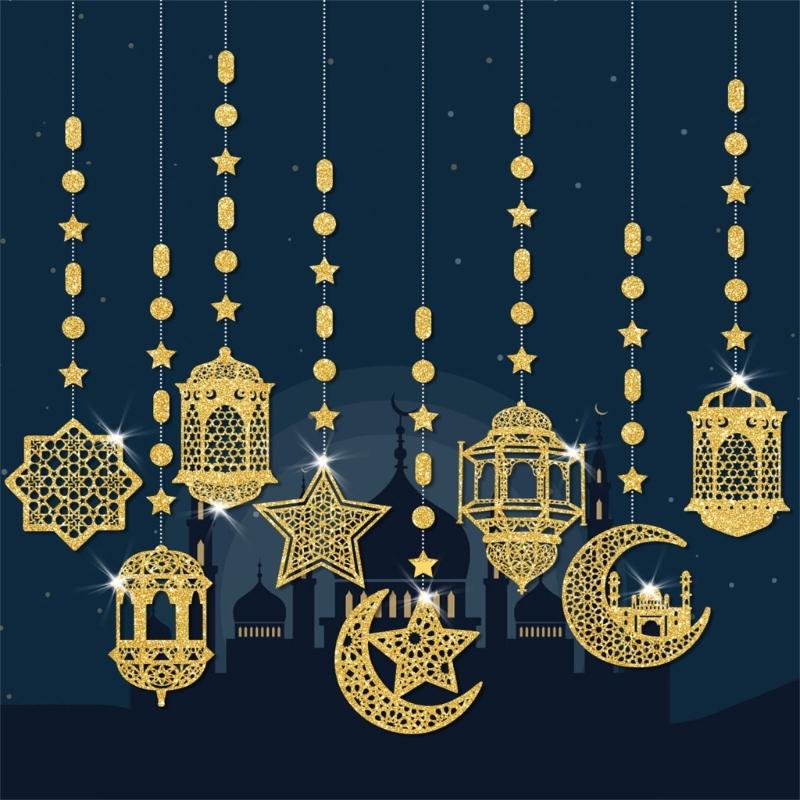 8Pieces Eid Holiday Hanging Decoration Ornaments Pendants for Home and Office Card Paper Hanging Pendant