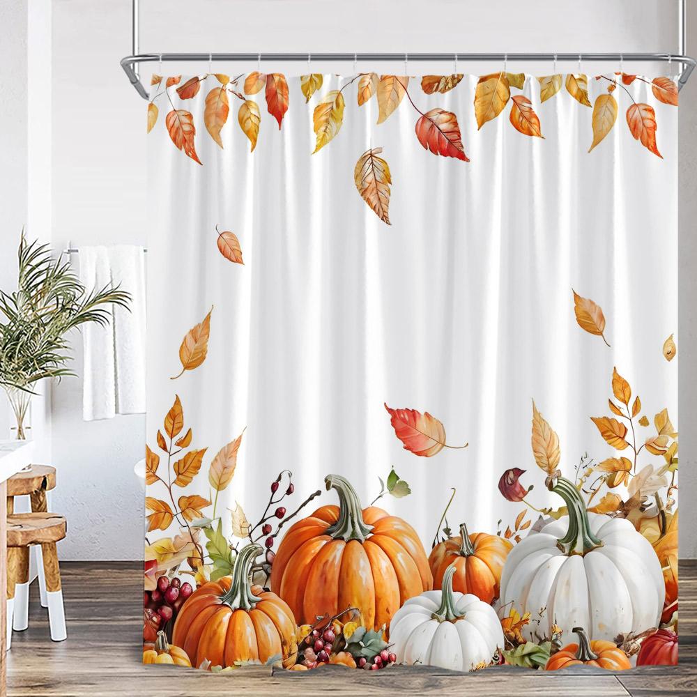 Autumn Pumpkin Shower Curtain Harvest Season Maple Leaf Scarecrow Flower Wooden Plank Barn Farmhouse Bath Decoration With Hook