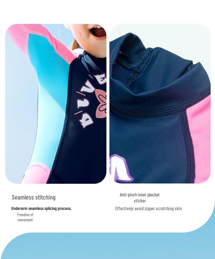 Girls' Long-Sleeve One-Piece Swimsuit - Sunscreen, Quick-Drying, Breathable for Swimming & Diving