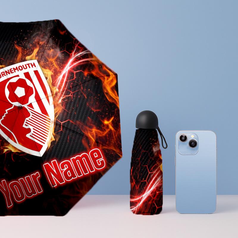 Bournemouth Football Manual Five Fold 8 Rib Umbrella Support Custom Text, Lightweight Travel Umbrella