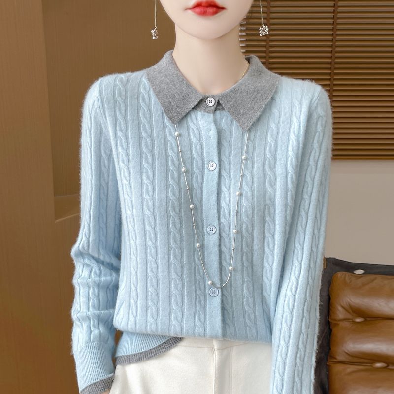 Spring and Autumn Women's Color-Block Cardigan Sweater Collared Loose Soft Knit Cardigan Top