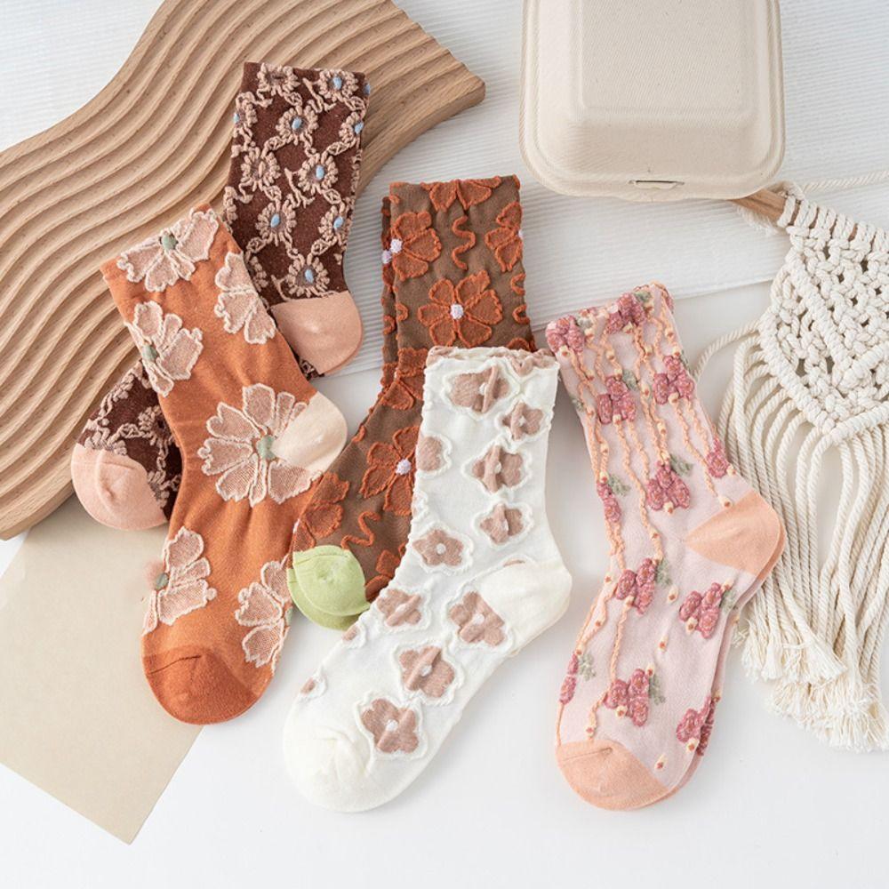 

5Pairs Thin Floral Tube Socks Harajuku Sweet Sock Women Retro Style Girls Mid-calf Socks Girl Short Style