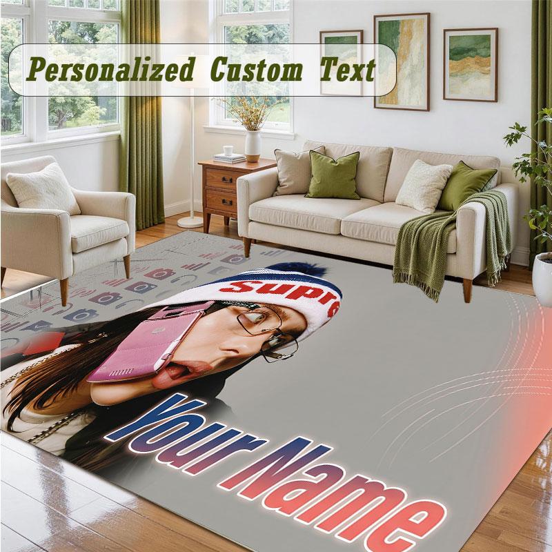 Crystal Velvet Square Rug Custom NameBillie Eilish Pattern Non Slip Home Floor Decor Rug