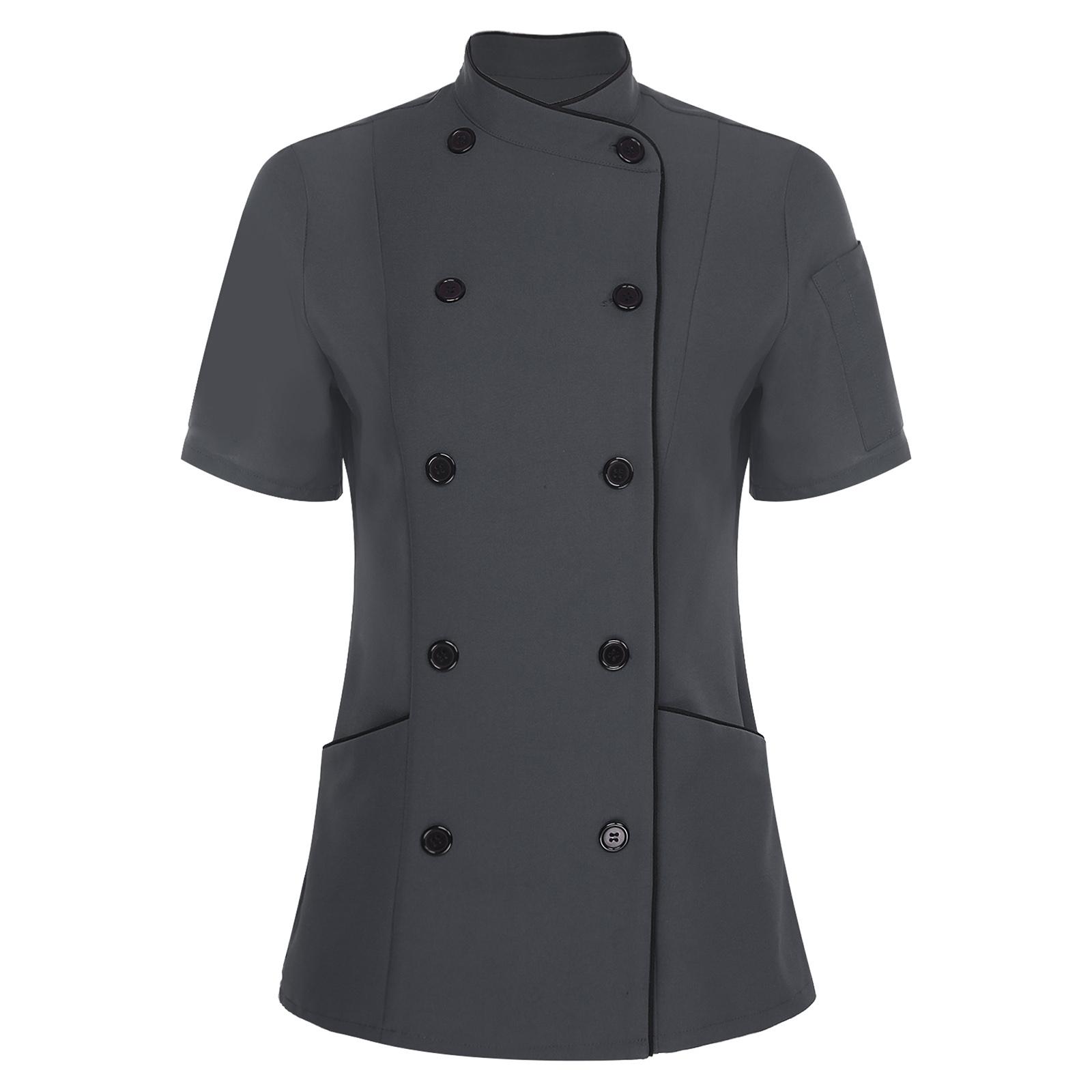 

Жіночий кухарський кітель з коротким рукавом, комір-кросовер, двобортний дизайн, професійний кухонний ресторанний халат S