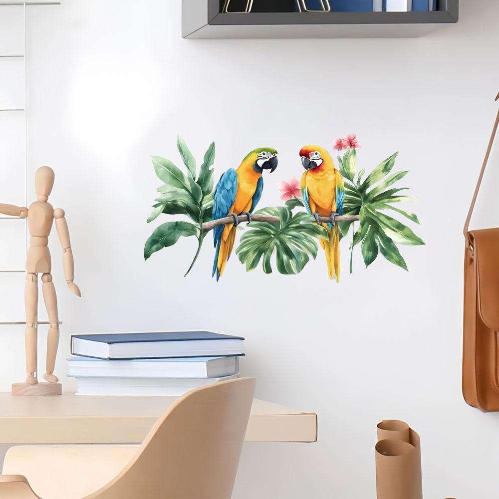 Self-adhesive Watercolor Parrot Branches Leaves Wall Stickers for Living Room Bedroom Entryway Home Decor