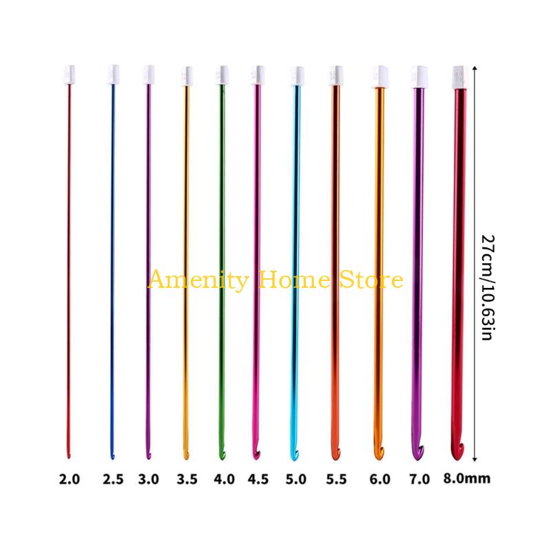 F26C 11Pcs 27cm Long Afghan Crochet Hook Needle 2mm-8mm Colorful Aluminum Knitting Needle Ergonomic Grip For Sweater Blanket