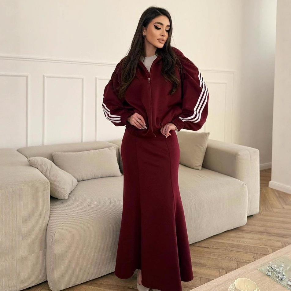 2025 Cross-border European and American Autumn New Sports Zipper Jacket Cardigan Temperament Celebrity Casual Hip Skirt