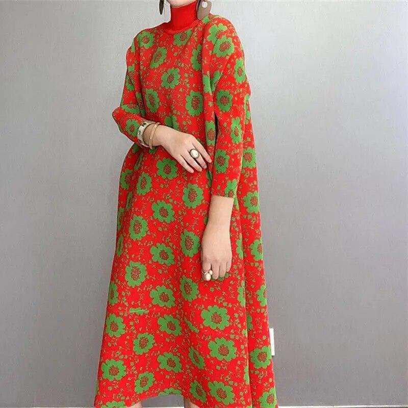Frauen Kleid Retro Floral Plissee Kleid Im Herbst Lose Langarm Kleid O-ansatz Casual Medium Und Lange Basis Rock