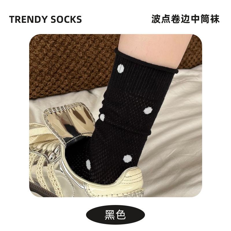 Polka Dot Curled Socks Stockings Trendy Cotton Socks Summer Thin Stacking Socks Student Summer Stockings One size fits all чёрный