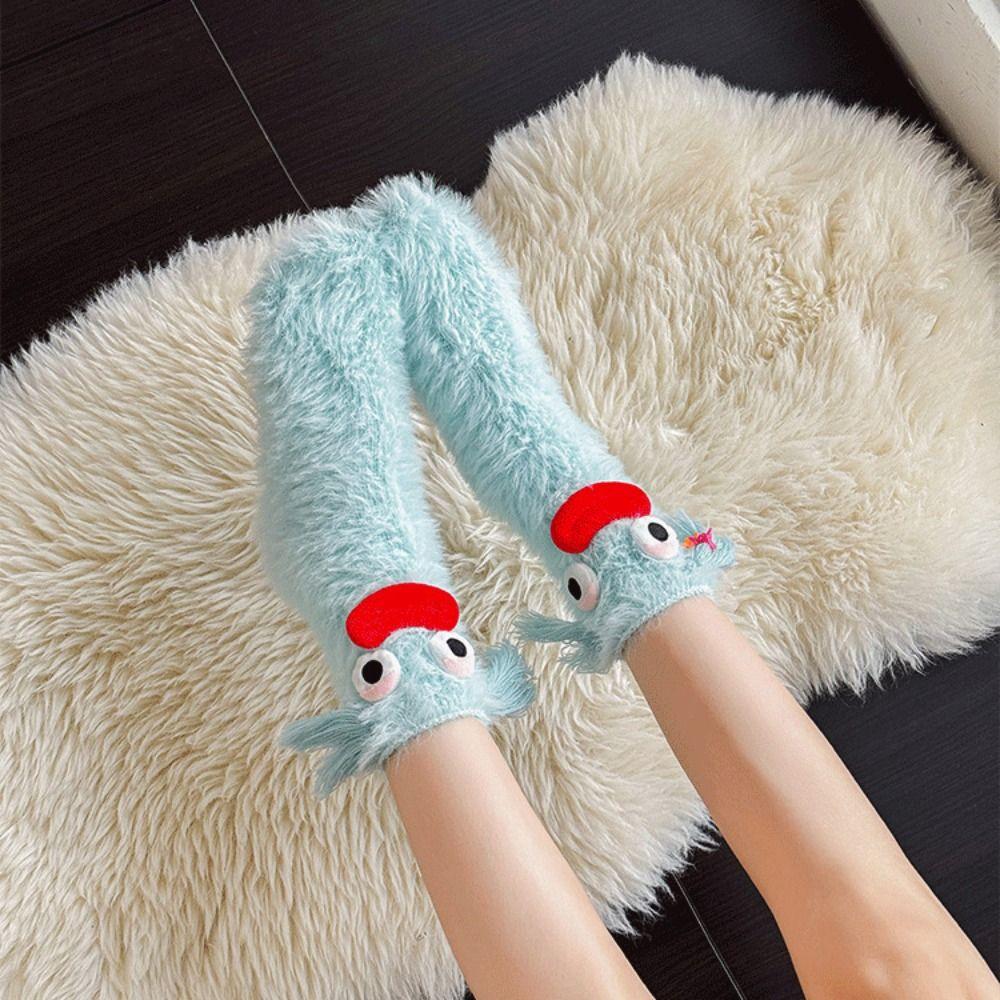 Chaussettes montantes drôles de dessin animé Chaussettes en polaire corail pelucheux Chaussettes pelucheuses Kawaii Fille