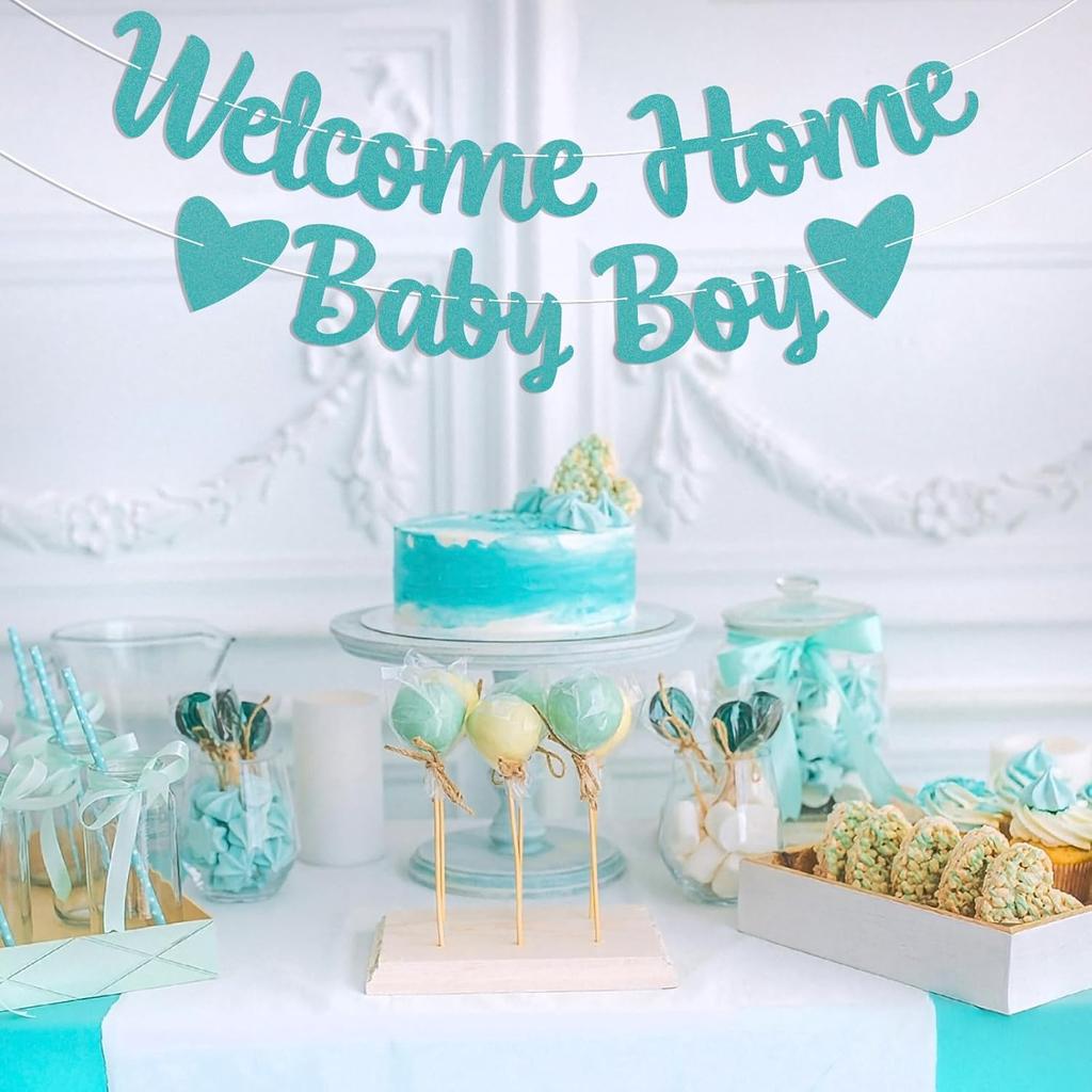 Welcome Home Baby Boy Banner - It's a Boy Baby Shower Decor, Little Sweet One Gender Reveal Baby Shower Decorations Blue Glitter