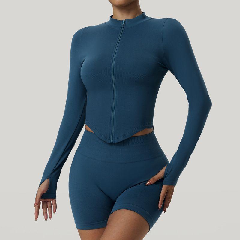 

Europe and America Cross Border Zipped Stand Collar Long Sleeves Yoga Outwear Outdoor Fitness Sports Top Tight Quick-Drying Yoga Clothes Women Blue Zipper Jacket L