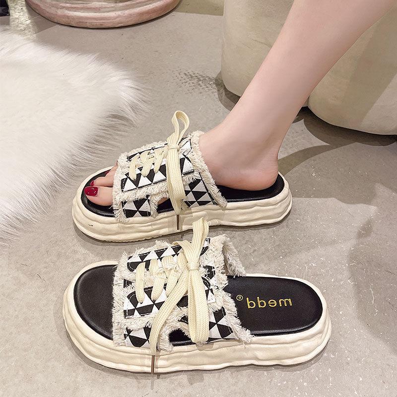 Plateau-Slipper Damen Sommerbekleidung 2025 neue Mode vielseitig lässig Halbschuhe zum Schnüren Canvas-Sandalen Ins-Trend