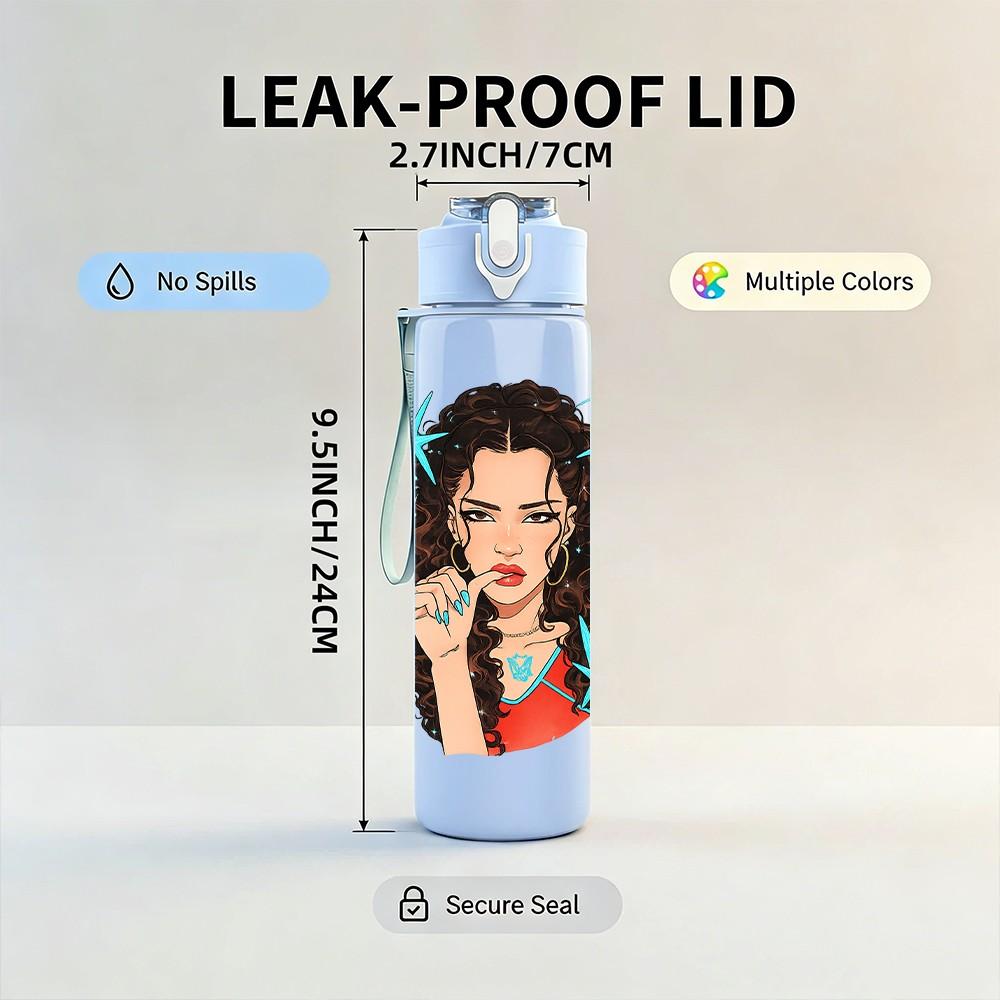 1PC Woman Messy Hair Portrait Art Print 750ml Color Plastic Sports Water Bottle Leakproof Flip Straw Lid Suitable for Sports Office Home Use