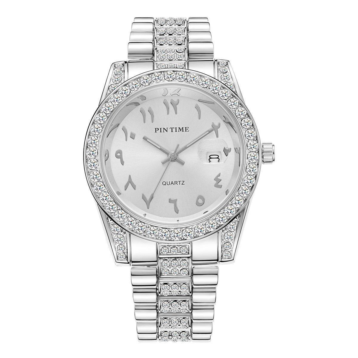 

PINTIME Male Quartz Watches With Diamond Studded Bezel Design Arabic Numeral Scale Fashion Business Style Men s Waterproof Calendar Luminous Watch срібний/білий