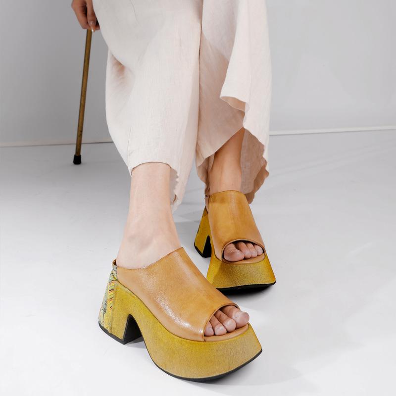 Fashion GKTINOO 8cm Slipper ROME Platform Wedge High Heels Summer Shoes Women Peep Toe Cow Genuine Leather Moccasins Embroider Mary Jane