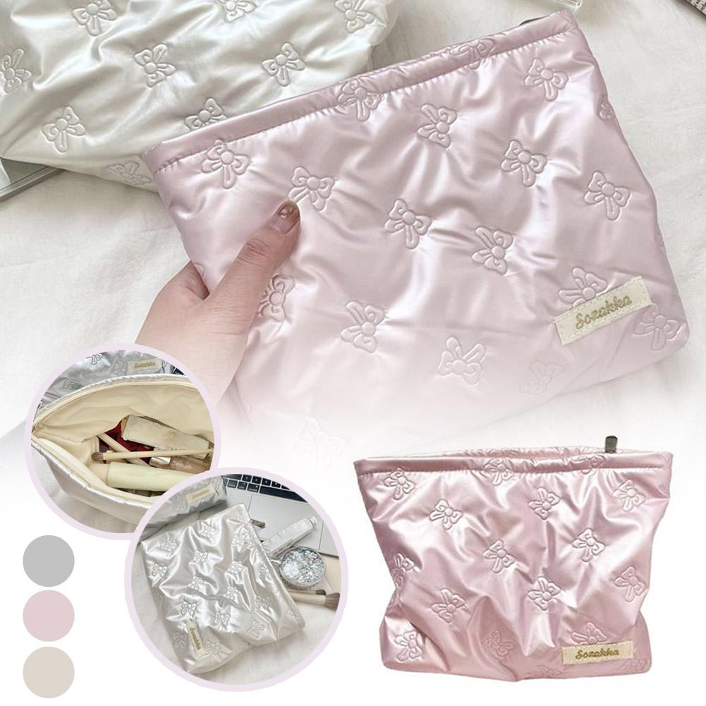 Bow Print Quilting Cosmetic Bag Hand-held PU Korean Style Makeup Bag Handbag Makeup Bags Multifunctional Storage Bag