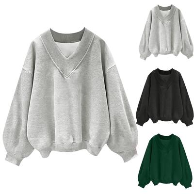 Women Sweatshirts V-Neck Long Sleeve Oversized Solid Color T-Shirts Casual Loose Fit Athletic Workout Pullover Tops