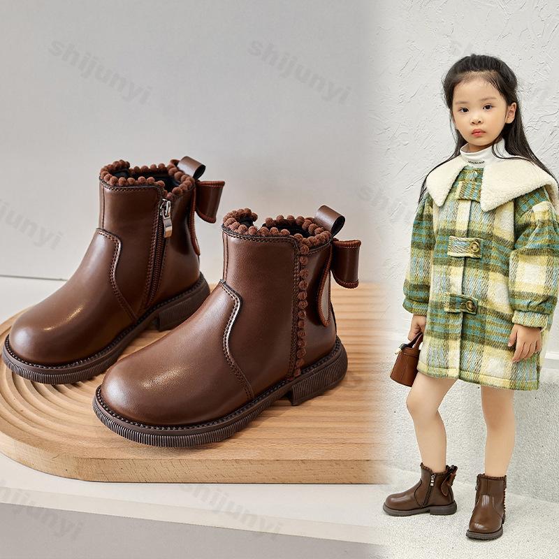 Girls Leather Boots  Autumn  Side Zipper Retro British Style Children's  Princess Shoes Kids Ankle Boots Botas