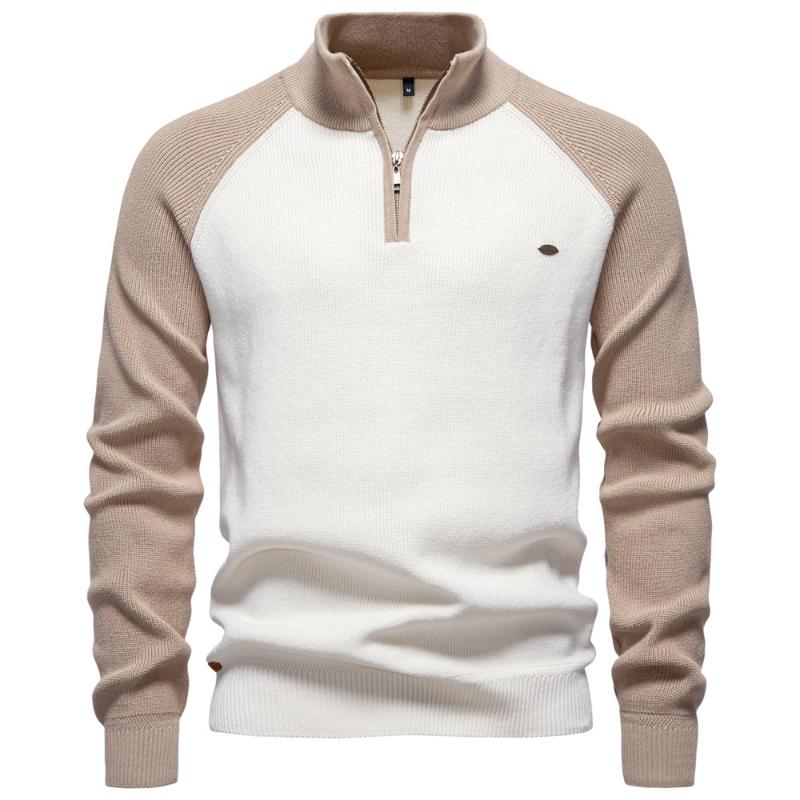 Men's Color Block Knit Sweater Casual Quarter Zip Stand Collar Raglan Sleeve Pullover