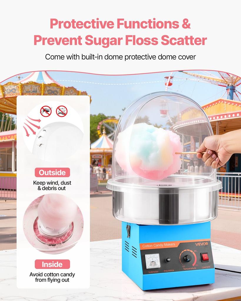 Electric Cotton Candy Machine, 1000W Commercial Floss Maker With Cover, Commercial Cotton Candy Machine w/Stainless Steel Bowl & Sugar Scoop, Ideal